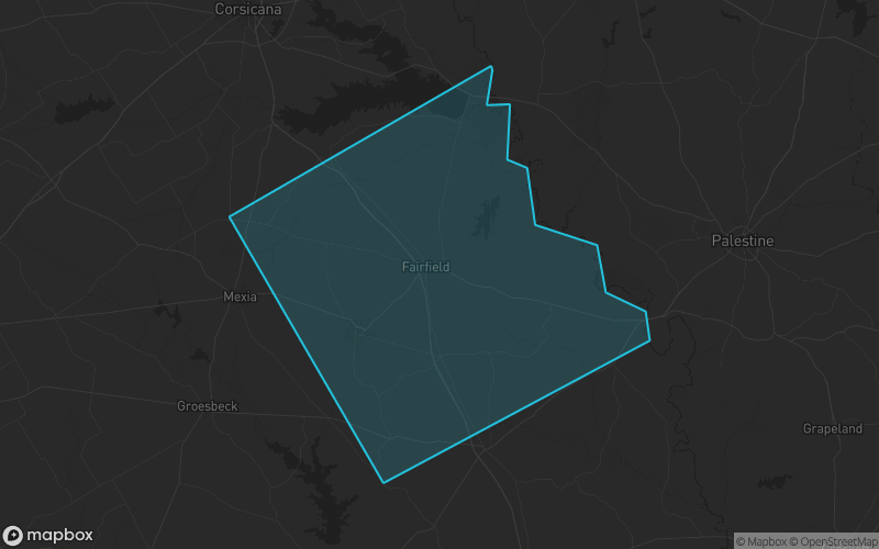 Map of Freestone County, Texas showing the county boundary and surrounding cities