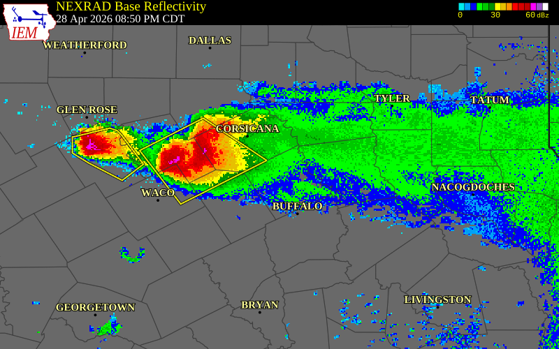 NEXRAD radar during the Tuesday, April 28, 2026 storm activity in Freestone County, Texas