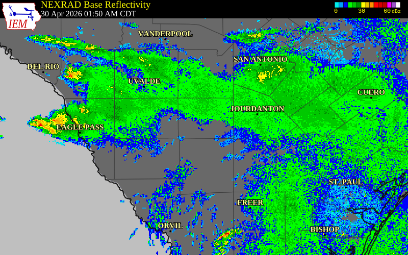 NEXRAD radar during the Thursday, April 30, 2026 storm activity in Frio County, Texas