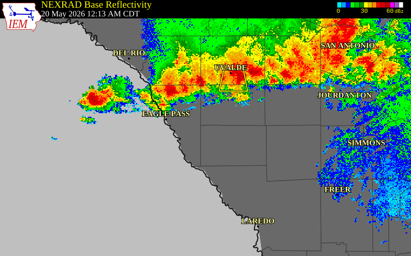 NEXRAD radar during the Wednesday, May 20, 2026 storm activity in Frio County, Texas