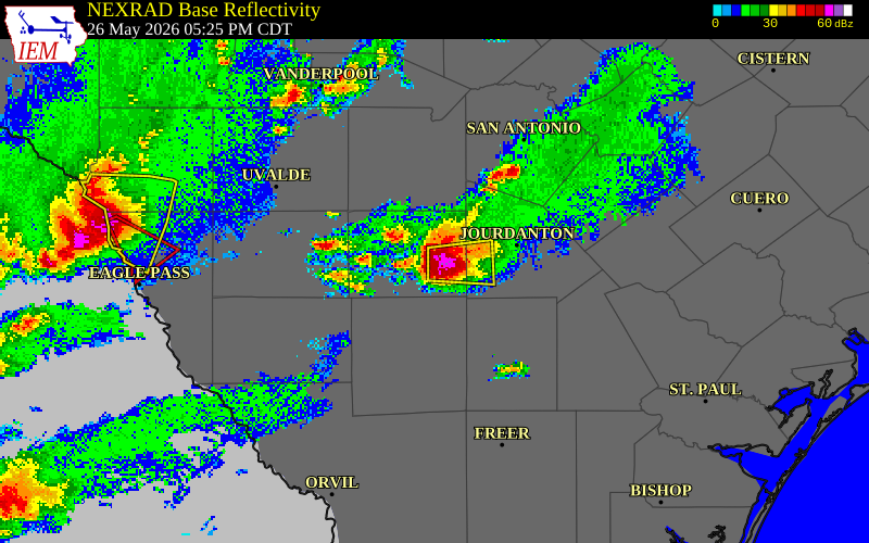 NEXRAD radar during the Tuesday, May 26, 2026 storm activity in Frio County, Texas