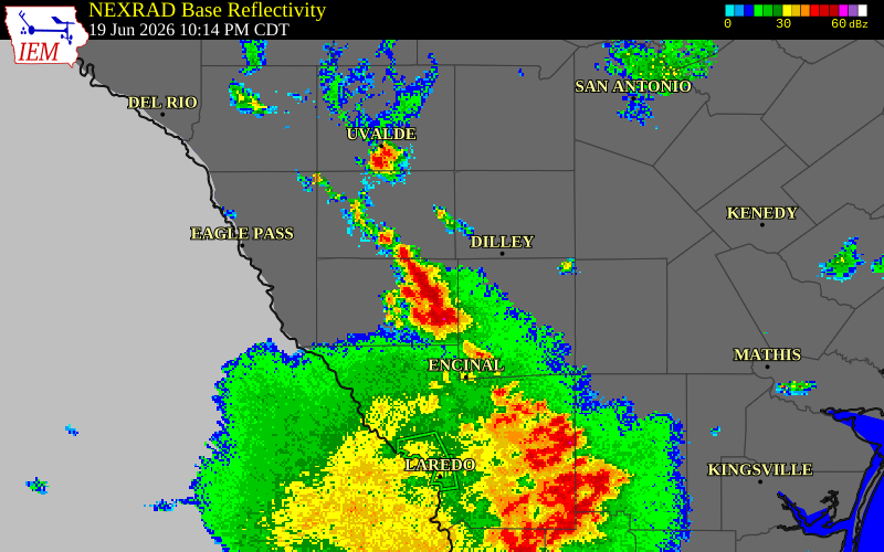 NEXRAD radar during the Friday, June 19, 2026 storm activity in Frio County, Texas
