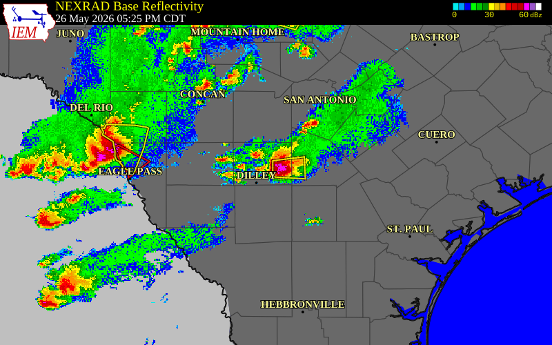 Radar snapshot during the May 26, 2026 hail event near 10 SE Pearsall, Frio County, Texas, with NWS warning polygons