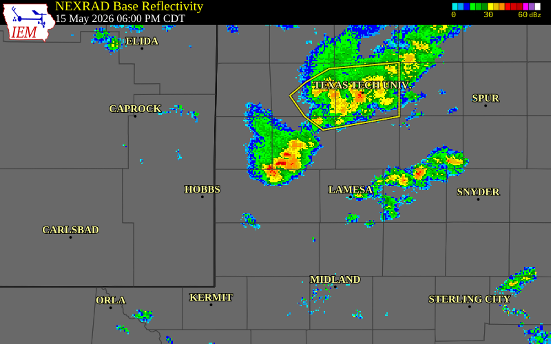 NEXRAD radar during the Friday, May 15, 2026 storm activity in Gaines County, Texas