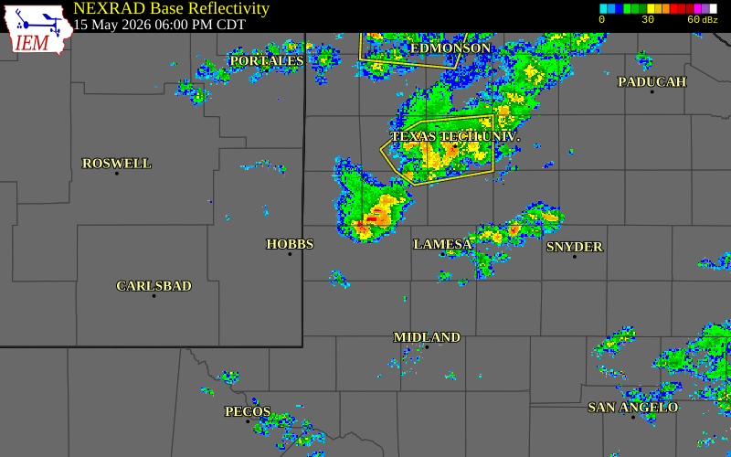 Radar snapshot during the May 15, 2026 wind event near 1 WSW Seagraves, Gaines County, Texas, with NWS warning polygons