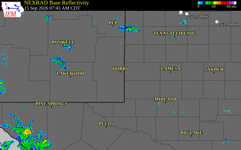 Current NEXRAD radar over Gaines County, Texas with recent storm report locations