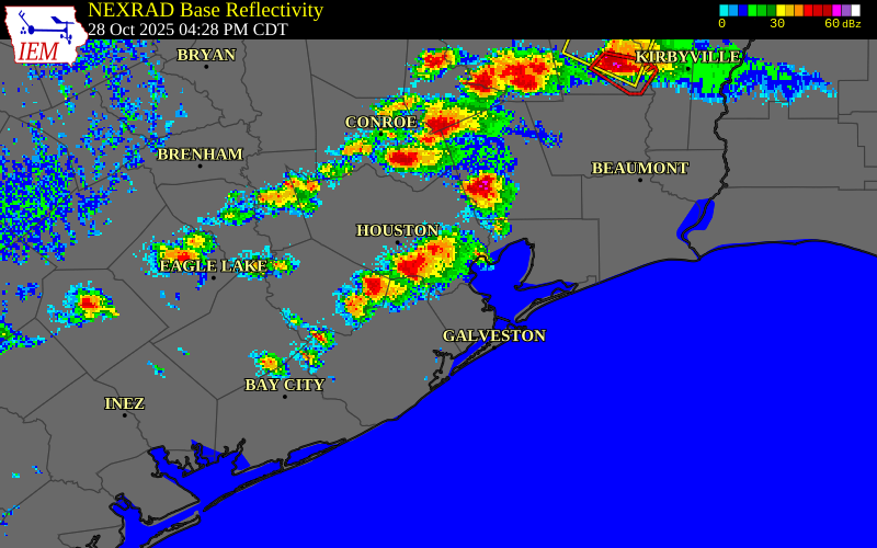 NEXRAD radar during the Tuesday, October 28, 2025 storm activity in Galveston County, Texas