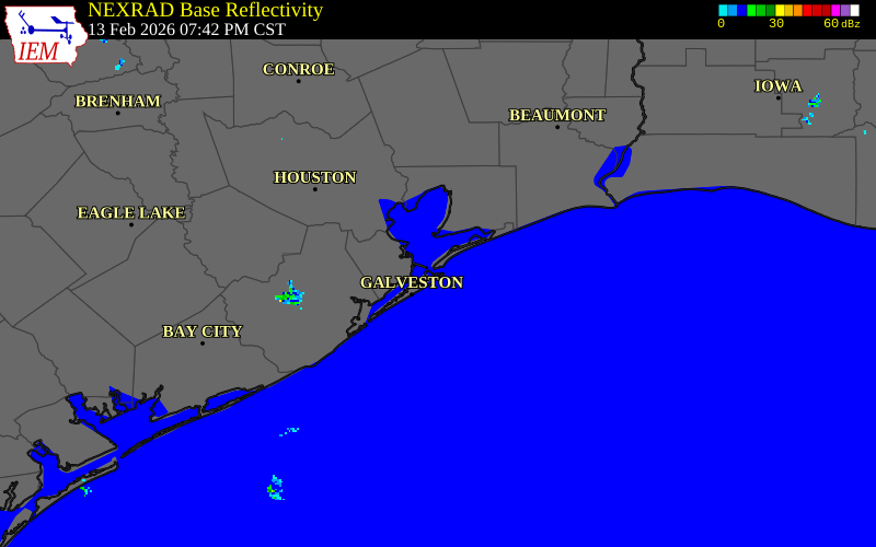 NEXRAD radar during the Friday, February 13, 2026 storm activity in Galveston County, Texas