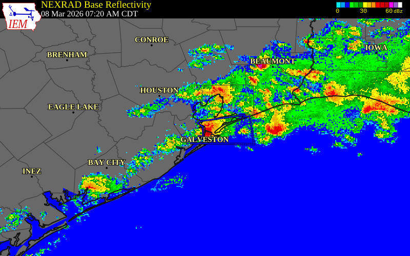 NEXRAD radar during the Sunday, March 8, 2026 storm activity in Galveston County, Texas