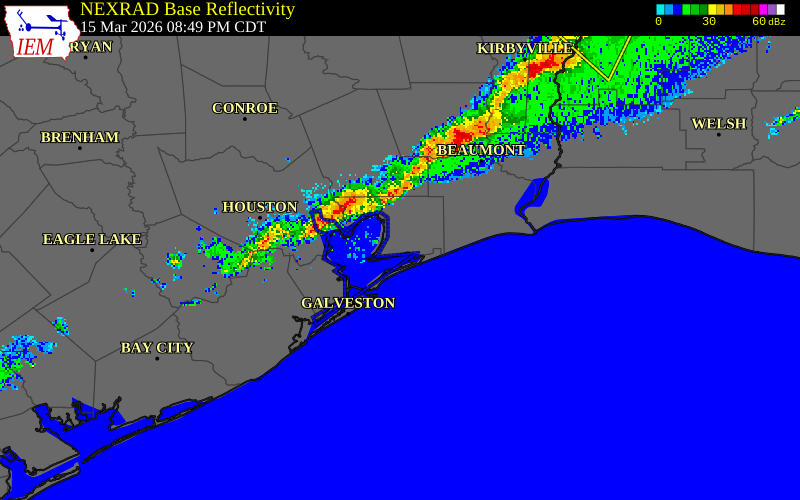 NEXRAD radar during the Sunday, March 15, 2026 storm activity in Galveston County, Texas