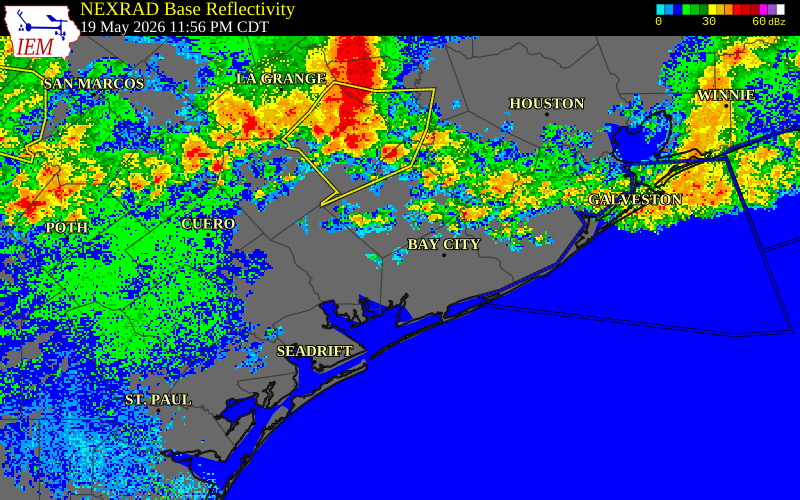 NEXRAD radar during the Tuesday, May 19, 2026 storm activity in Galveston County, Texas