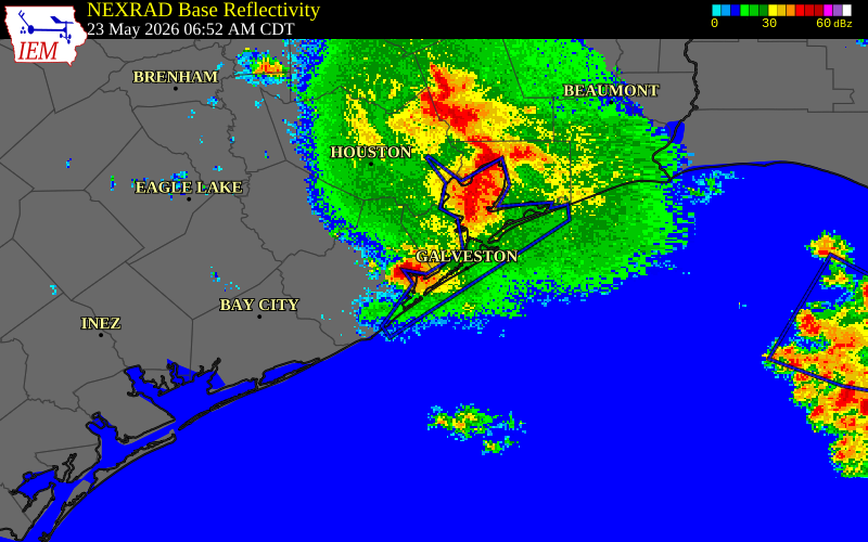 NEXRAD radar during the Saturday, May 23, 2026 storm activity in Galveston County, Texas