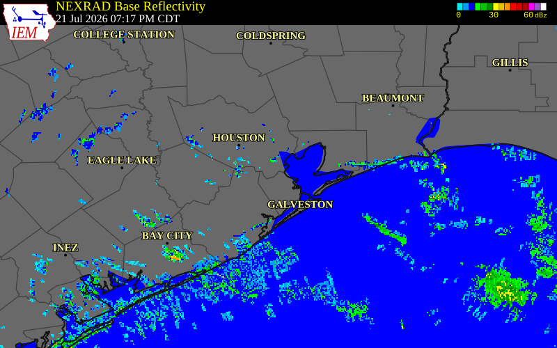 NEXRAD radar during the Tuesday, July 21, 2026 storm activity in Galveston County, Texas