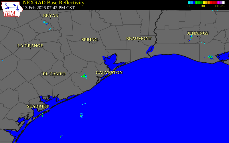Radar snapshot during the Feb 13, 2026 wind event near 11 E Bayou Vista, Galveston County, Texas, with NWS warning polygons