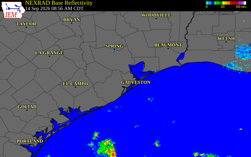 Current NEXRAD radar over Galveston County, Texas with recent storm report locations