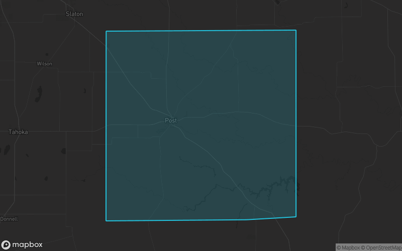 Map of Garza County, Texas showing the county boundary and surrounding cities