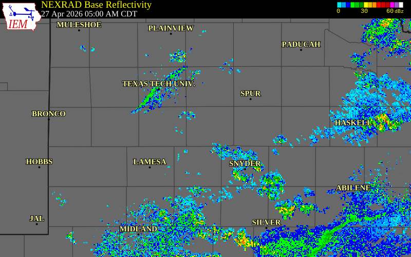 NEXRAD radar during the Monday, April 27, 2026 storm activity in Garza County, Texas