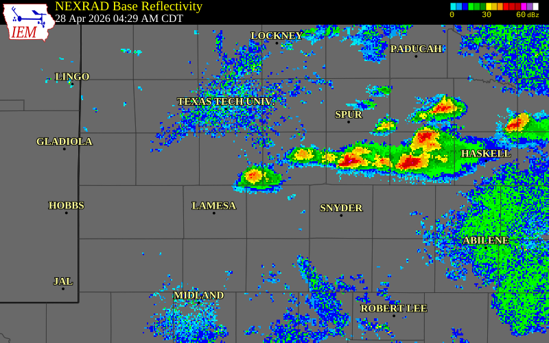 NEXRAD radar during the Tuesday, April 28, 2026 storm activity in Garza County, Texas