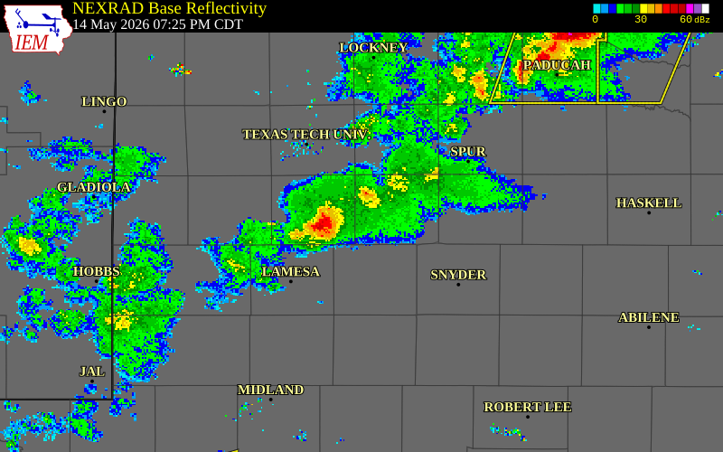 NEXRAD radar during the Thursday, May 14, 2026 storm activity in Garza County, Texas