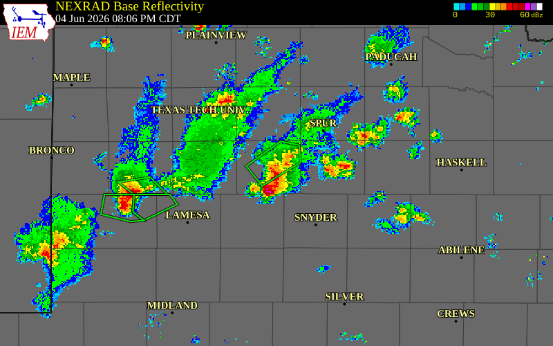 NEXRAD radar during the Thursday, June 4, 2026 storm activity in Garza County, Texas