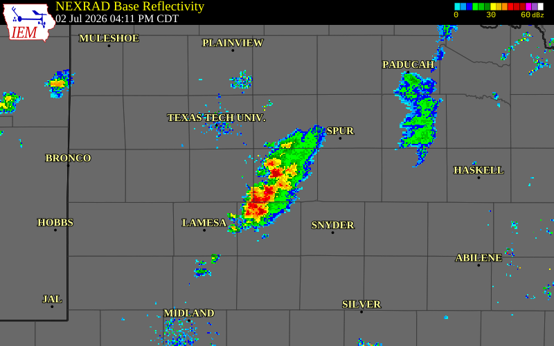 NEXRAD radar during the Thursday, July 2, 2026 storm activity in Garza County, Texas
