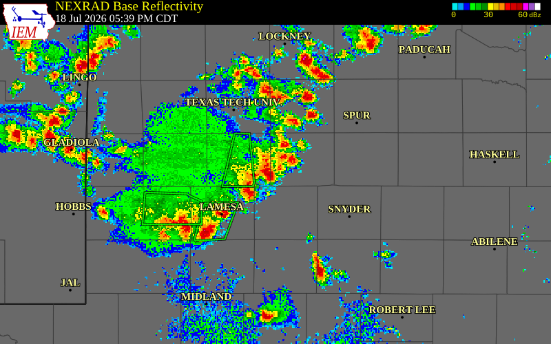NEXRAD radar during the Saturday, July 18, 2026 storm activity in Garza County, Texas