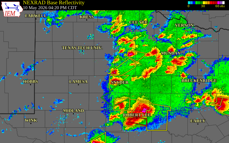 Radar snapshot during the May 10, 2026 hail event near Lake Alan Henry, Garza County, Texas, with NWS warning polygons