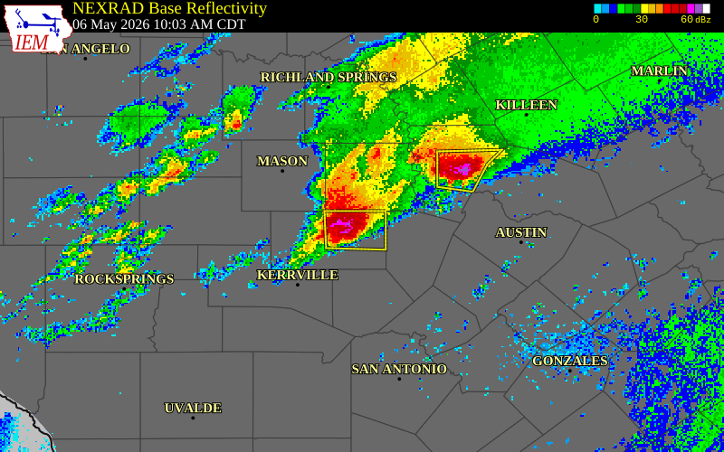 NEXRAD radar during the Wednesday, May 6, 2026 storm activity in Gillespie County, Texas