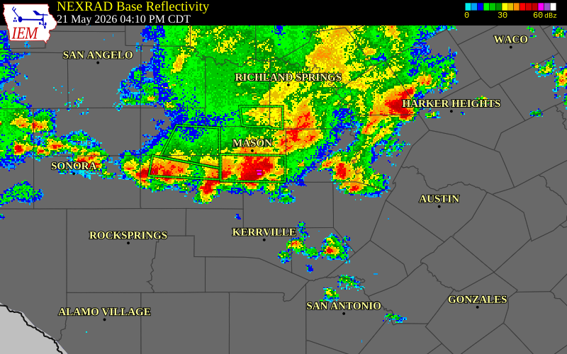 NEXRAD radar during the Thursday, May 21, 2026 storm activity in Gillespie County, Texas