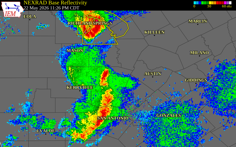 NEXRAD radar during the Friday, May 22, 2026 storm activity in Gillespie County, Texas
