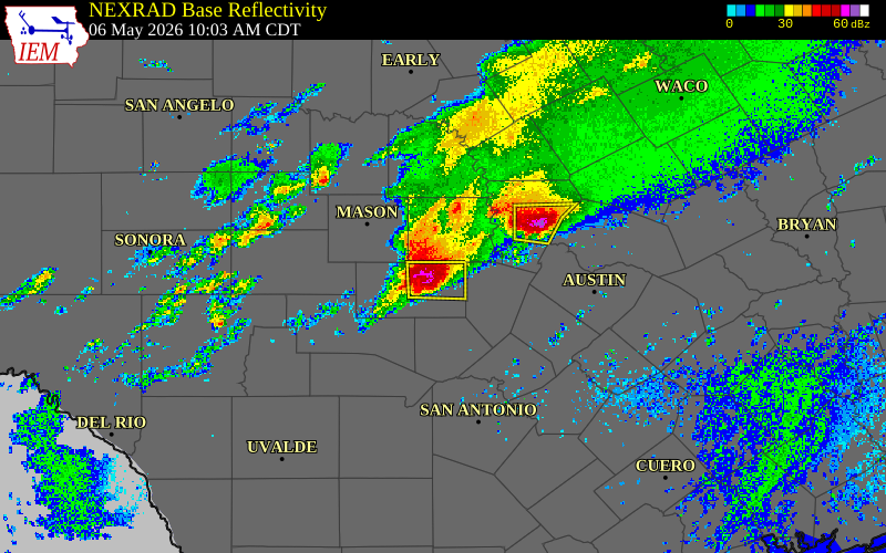 Radar snapshot during the May 6, 2026 hail event near 2 WNW Willow City, Gillespie County, Texas, with NWS warning polygons