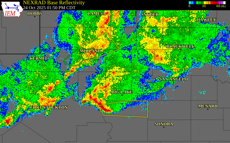 NEXRAD radar during the Friday, October 24, 2025 storm activity in Glasscock County, Texas