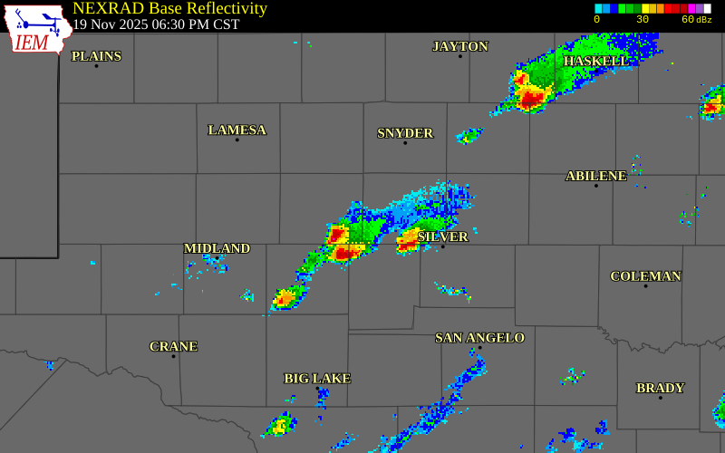 NEXRAD radar during the Wednesday, November 19, 2025 storm activity in Glasscock County, Texas
