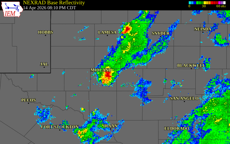 NEXRAD radar during the Tuesday, April 14, 2026 storm activity in Glasscock County, Texas