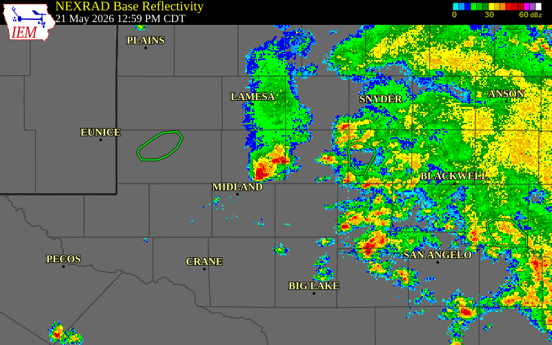 NEXRAD radar during the Thursday, May 21, 2026 storm activity in Glasscock County, Texas