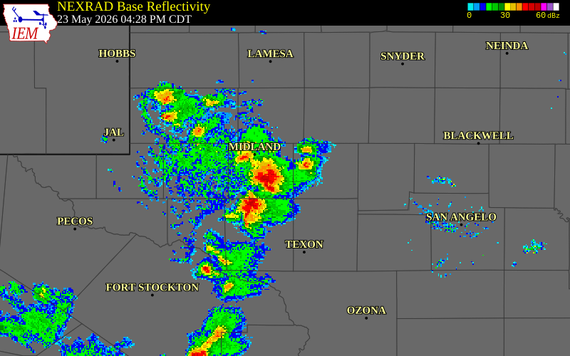NEXRAD radar during the Saturday, May 23, 2026 storm activity in Glasscock County, Texas