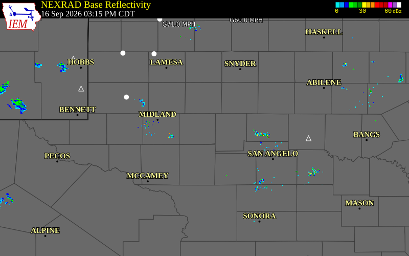 Current NEXRAD radar over Glasscock County, Texas with recent storm report locations