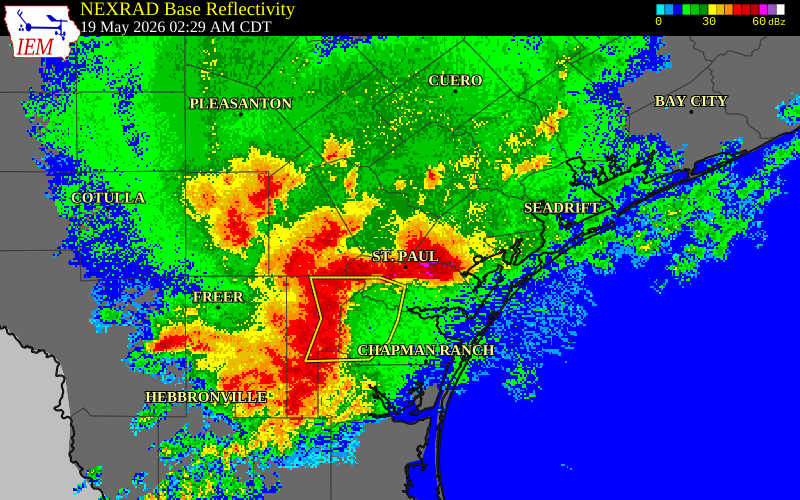 NEXRAD radar during the Tuesday, May 19, 2026 storm activity in Goliad County, Texas
