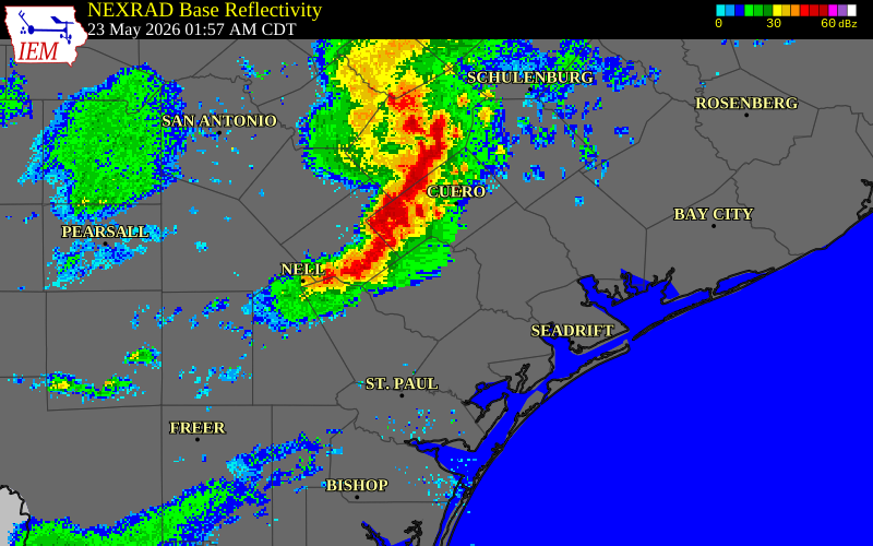 NEXRAD radar during the Saturday, May 23, 2026 storm activity in Goliad County, Texas