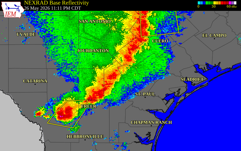 NEXRAD radar during the Tuesday, May 26, 2026 storm activity in Goliad County, Texas