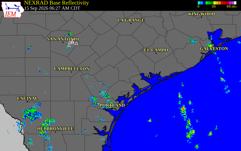 Current NEXRAD radar over Goliad County, Texas with recent storm report locations