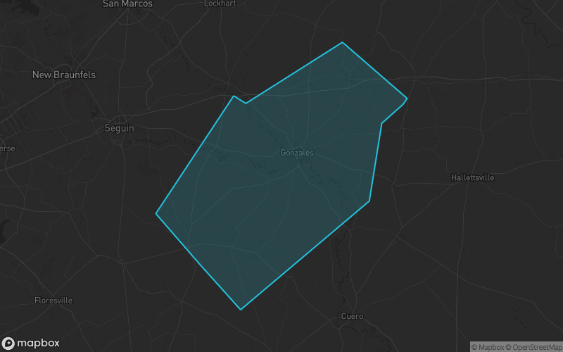Map of Gonzales County, Texas showing the county boundary and surrounding cities