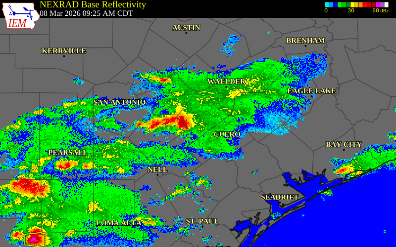 NEXRAD radar during the Sunday, March 8, 2026 storm activity in Gonzales County, Texas