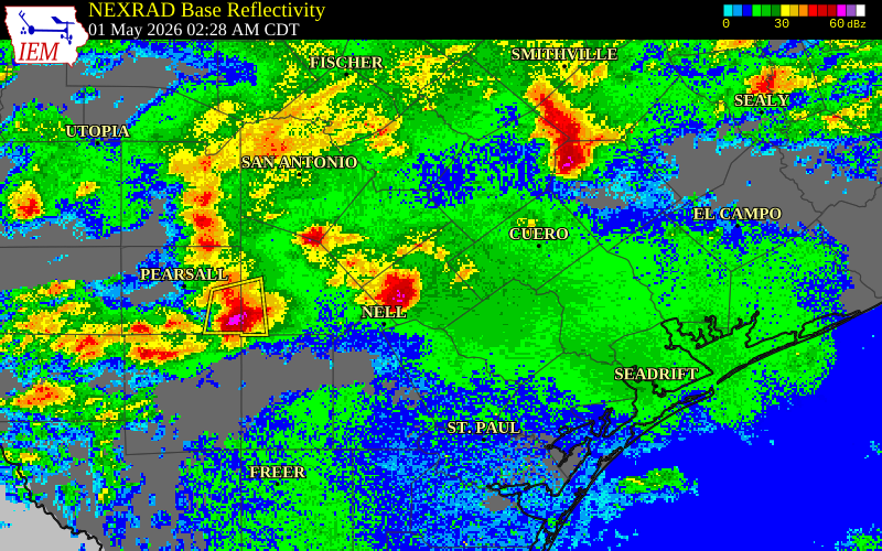 NEXRAD radar during the Friday, May 1, 2026 storm activity in Gonzales County, Texas