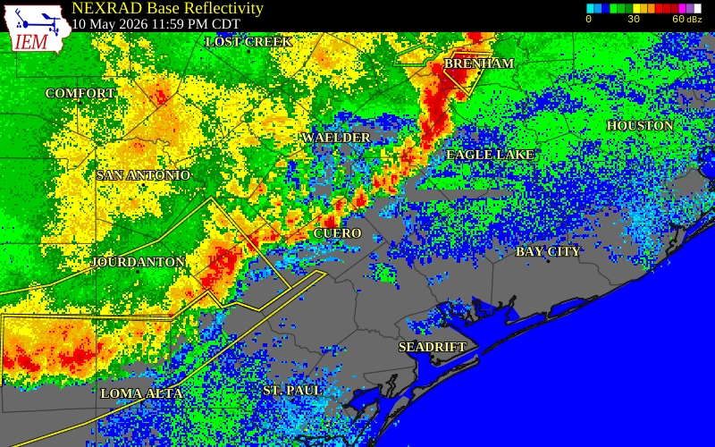 NEXRAD radar during the Sunday, May 10, 2026 storm activity in Gonzales County, Texas
