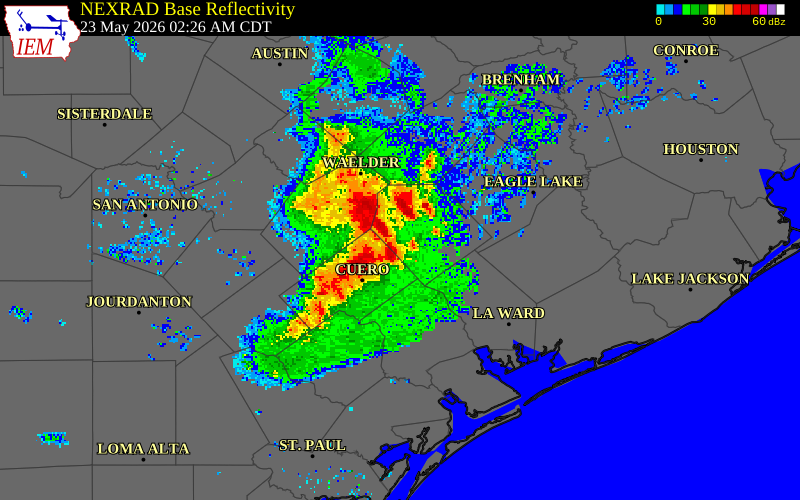 NEXRAD radar during the Saturday, May 23, 2026 storm activity in Gonzales County, Texas