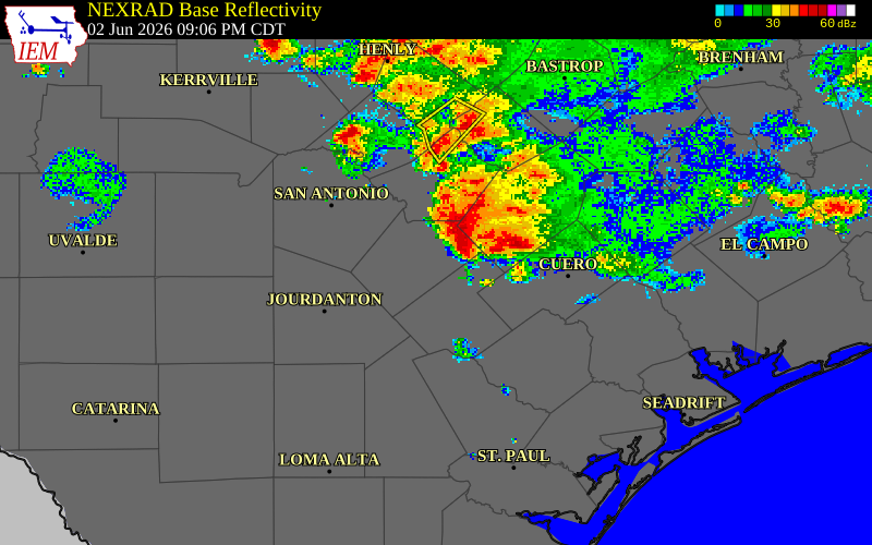 NEXRAD radar during the Tuesday, June 2, 2026 storm activity in Gonzales County, Texas