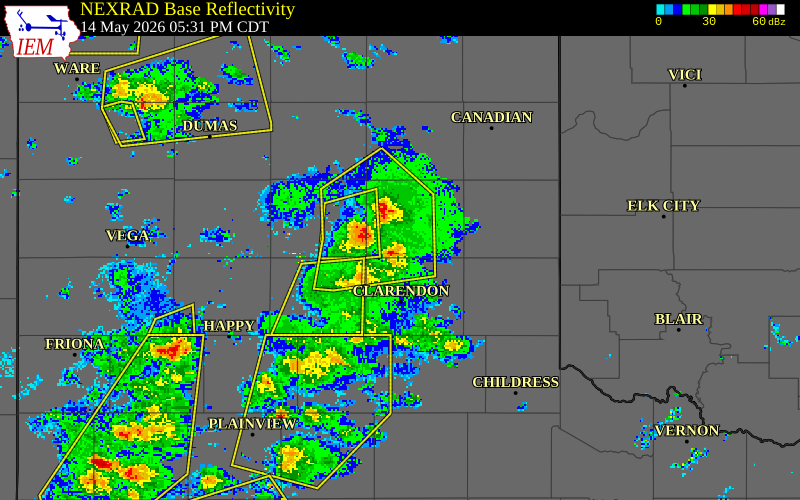 NEXRAD radar during the Thursday, May 14, 2026 storm activity in Gray County, Texas