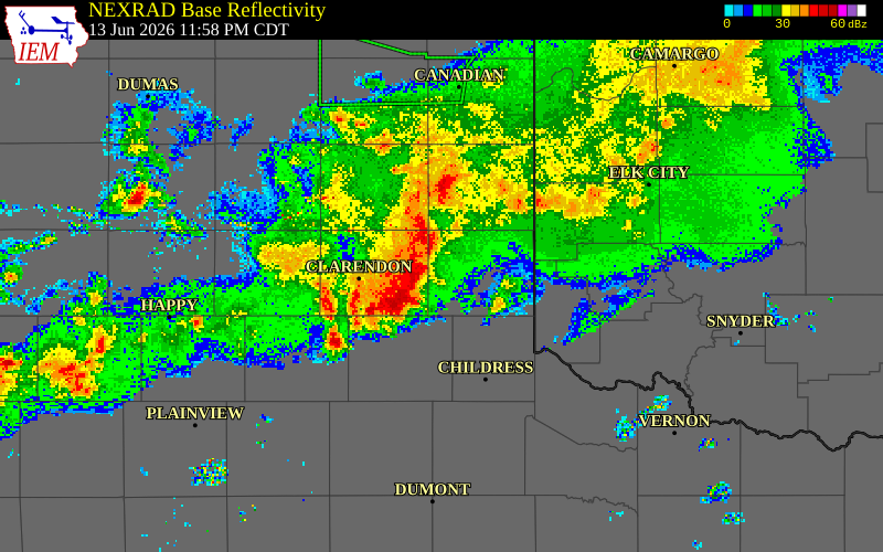 NEXRAD radar during the Saturday, June 13, 2026 storm activity in Gray County, Texas
