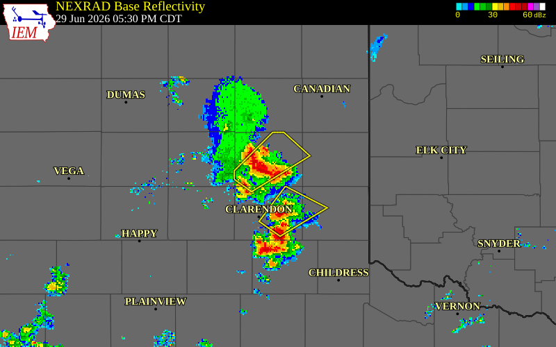 NEXRAD radar during the Monday, June 29, 2026 storm activity in Gray County, Texas